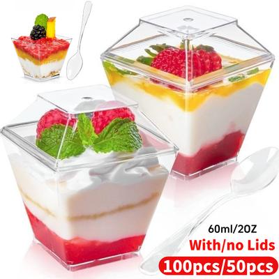 50/100 Stück 60ml Plastik-Dessertbecher mit/ohne Deckel und Löffel Vorspeisenbecher Mini-Servierbecher für Mousse Puddings Eiscreme Obst