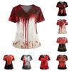 Women's Halloween Print V Neck Short Sleeve Nurse Top with Dual Pockets and Side Slits Medical Uniform Shirt for Caregivers