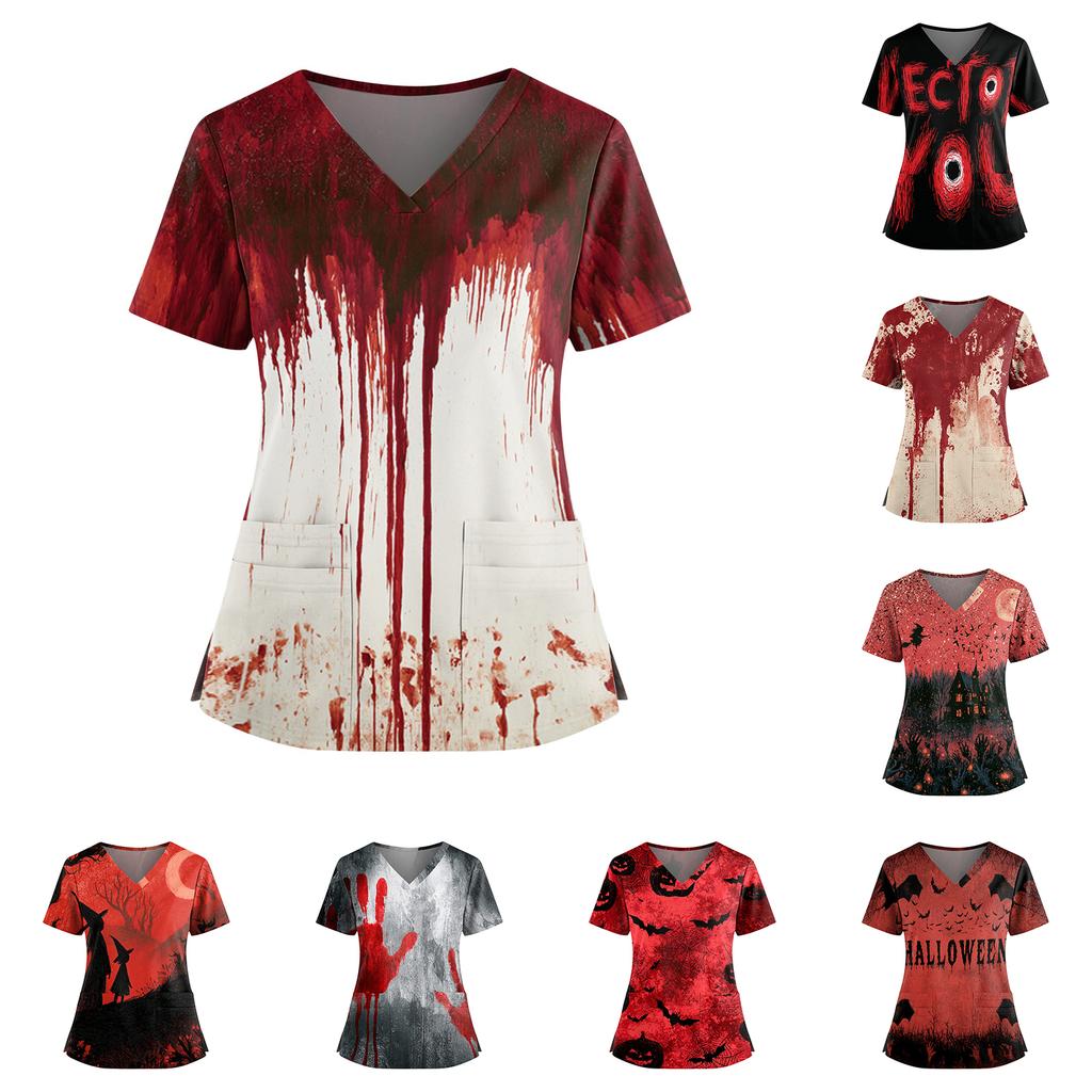 Women's Halloween Print V Neck Short Sleeve Nurse Top with Dual Pockets and Side Slits Medical Uniform Shirt for Caregivers