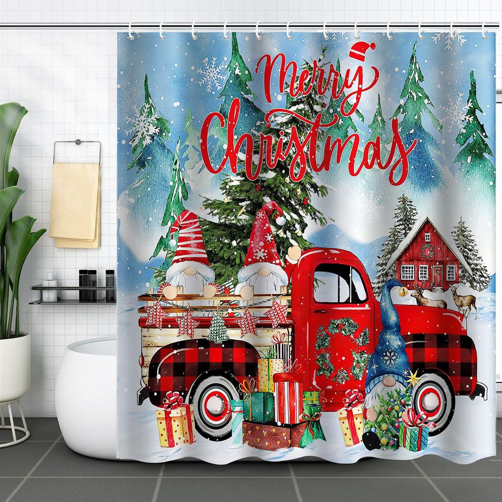 Best-Selling Christmas Digital Print Shower Curtain Waterproof, Includes Plastic C-Shaped Hooks