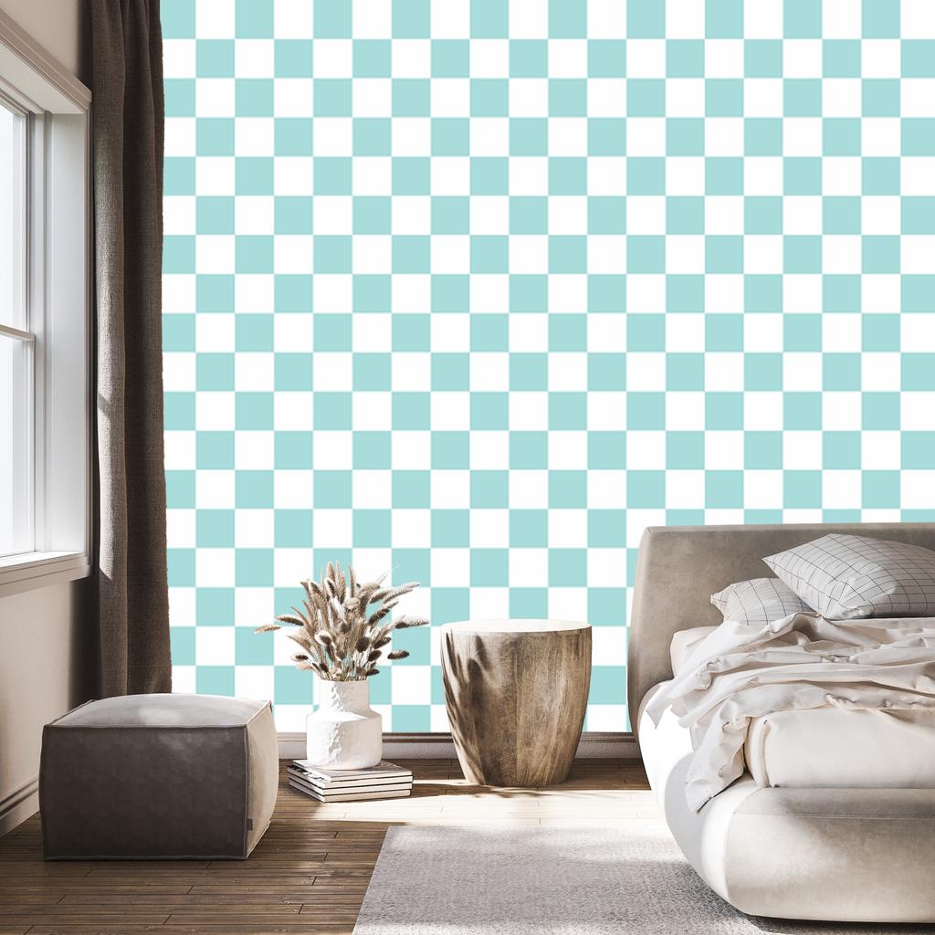 Checkerboard Wallpaper White and Celadon for Living Room and Bedroom 50x1000
