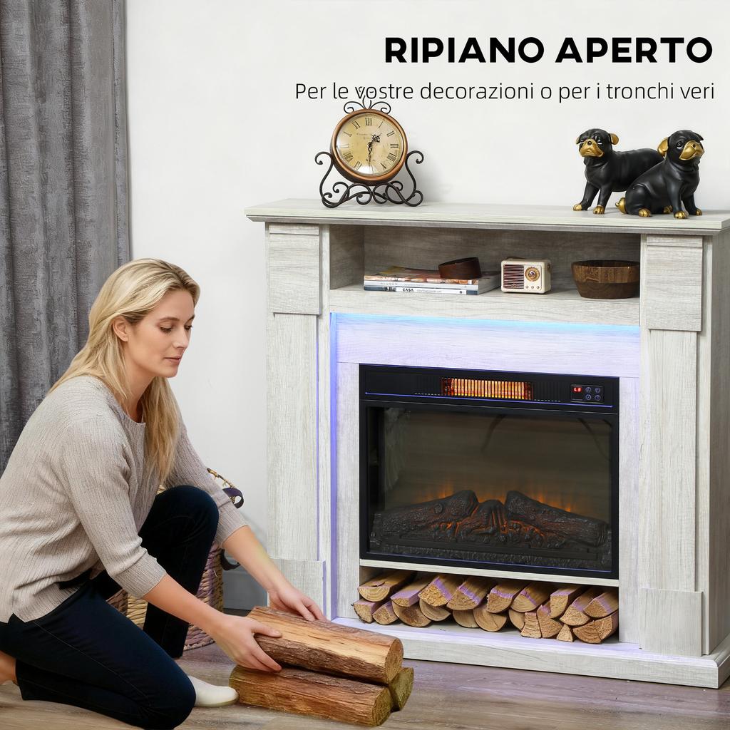 Electric Fireplace 1800W Adjustable with 3D Flame, Shelf, Timer and Remote Control, 105x27x97 cm, Wood color
