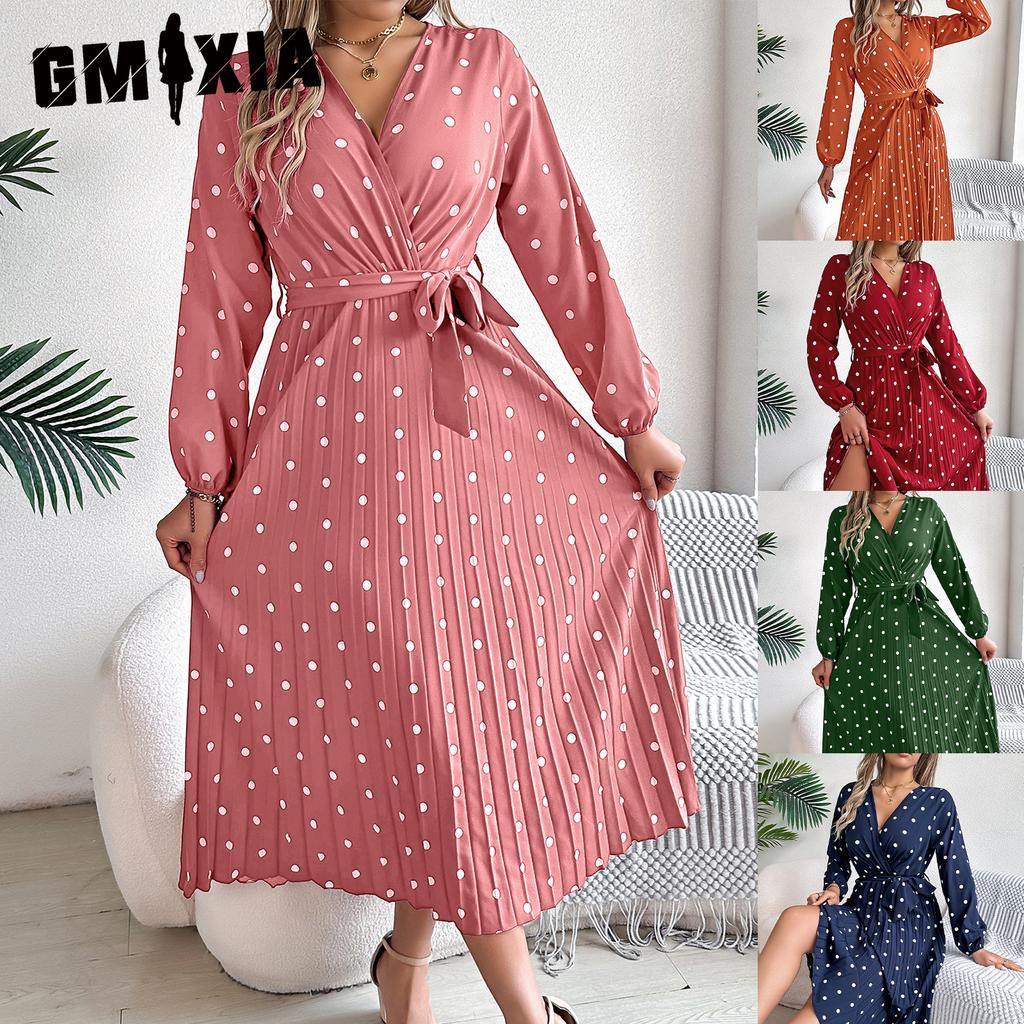 GMXIA Autumn and Winter Elegant Contrasting Polka Dot Cross V-neck Pleated Long Dress Women's Wear