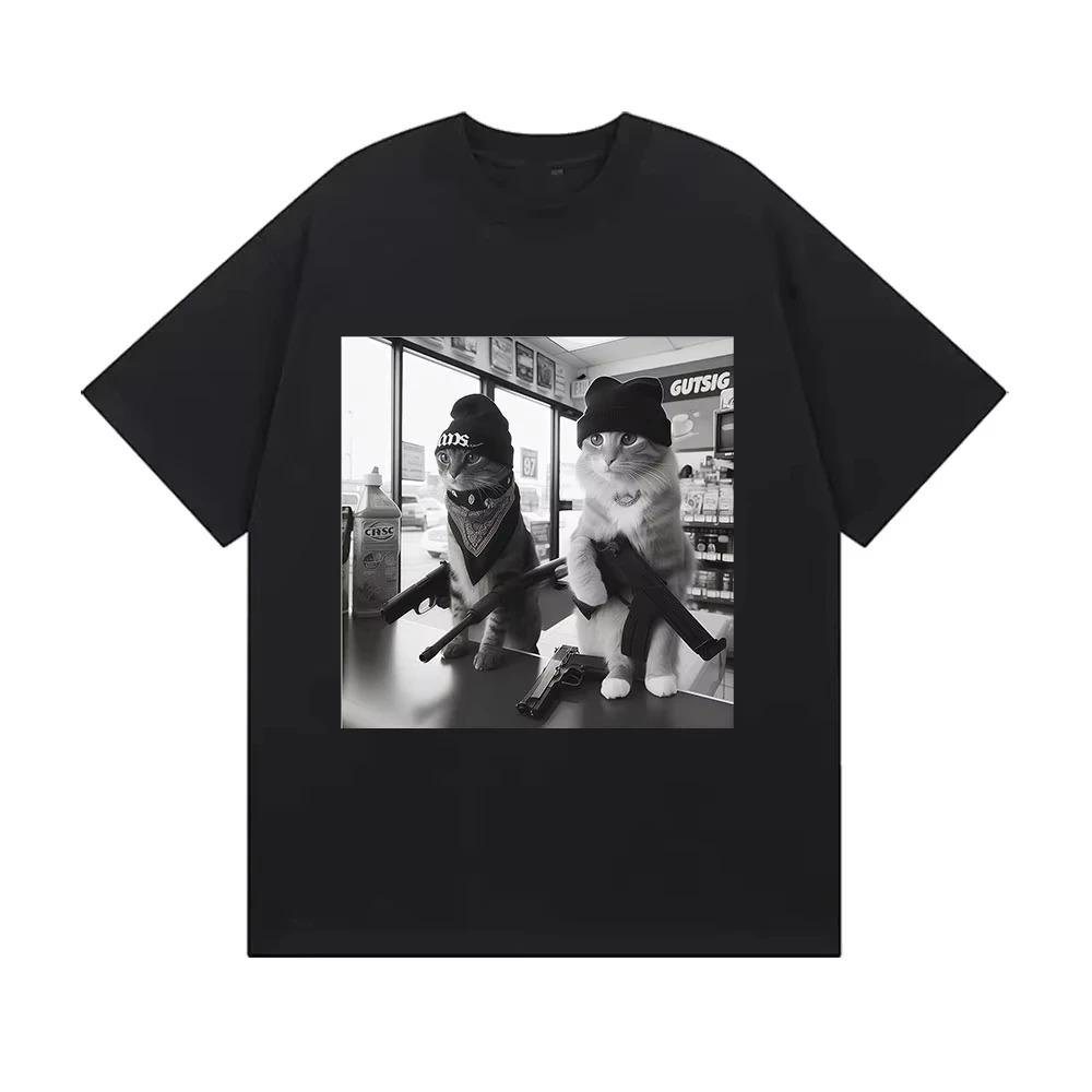 Funny Gangster Black and White Armed Cats Meme Graphic T Shirts Men Women Vintage Fashion Cotton Short Sleeve T-shirt