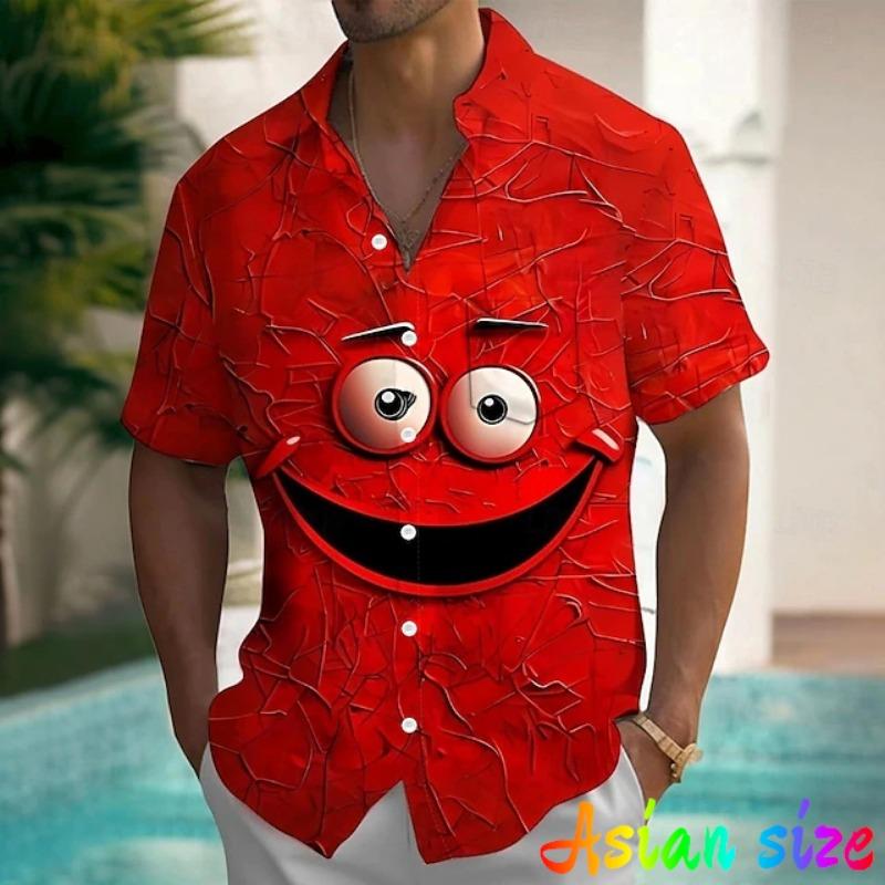 Camisas Hawaianas con Gráfico de Cara Sonriente Divertida Blusas de Manga Corta con Estampado 3D de Anime Blusa con Cuello para Fiesta de Vacaciones Verano