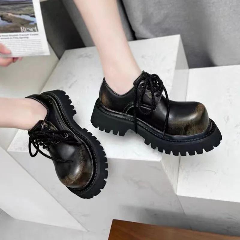 Men's and Women's Same Big-headed British Style Platform-soled Lace-up Small Round Head Thick Heel Leather Loafers Derby Shoes