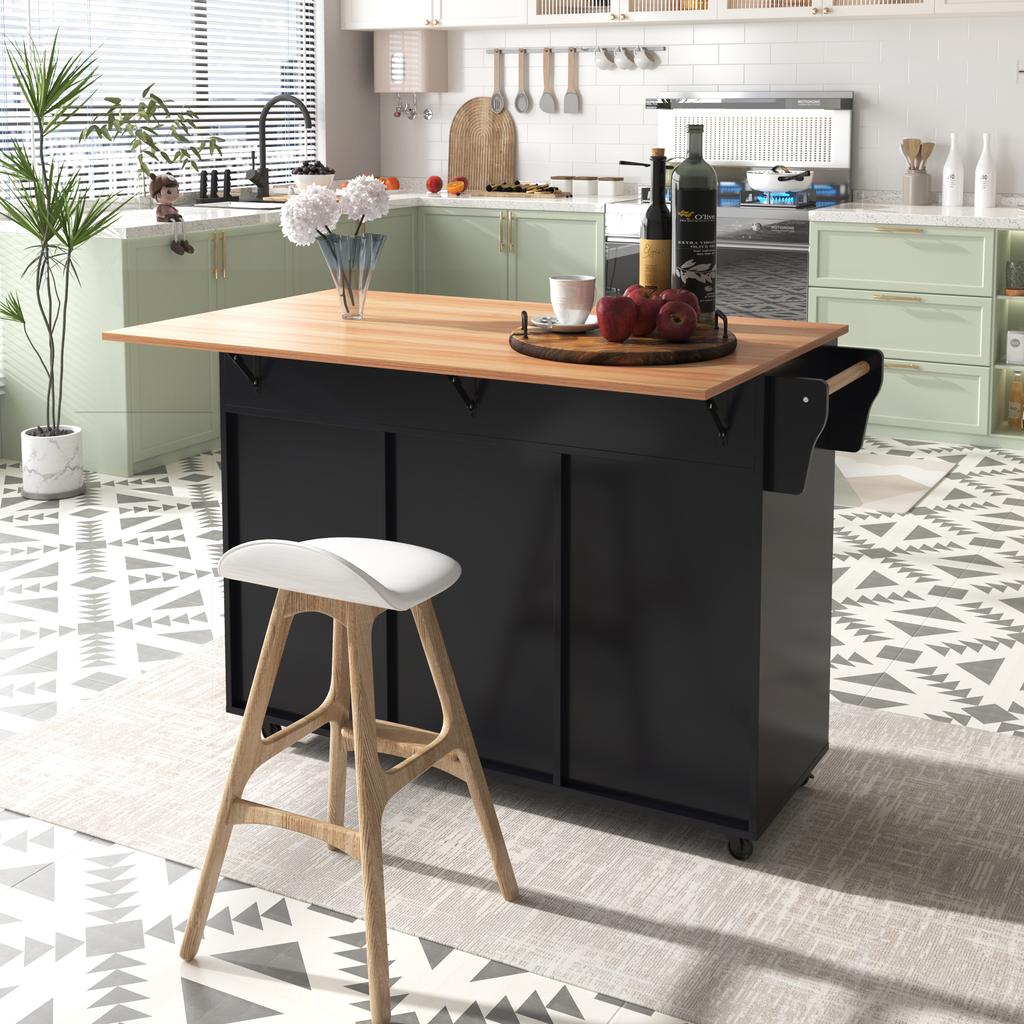 129x46(71)Carrello da Pranzo Grande Nero x91,5 cm, Credenza, Piano di Lavoro Pieghevole in Legno Massello, Porta con Ripiano, Ruote/Piedi in Legno Massello, Adatto per Uso Domestico.