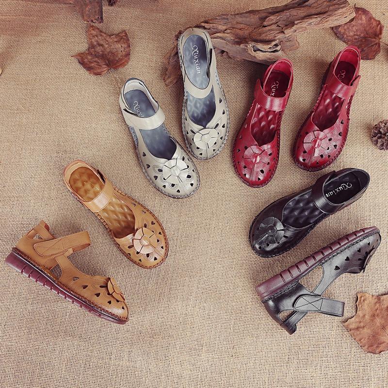 Summer new first-layer cowhide flat-soled women's shoes casual leather women's sandals comfortable and breathable hole shoes