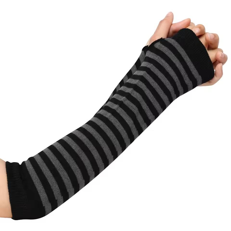 

Women s Winter Knitted Gloves Girls Cotton Fingerless Long Bracelet Arm Warmth Long Sleeve Striped Elbow Protection One Size
