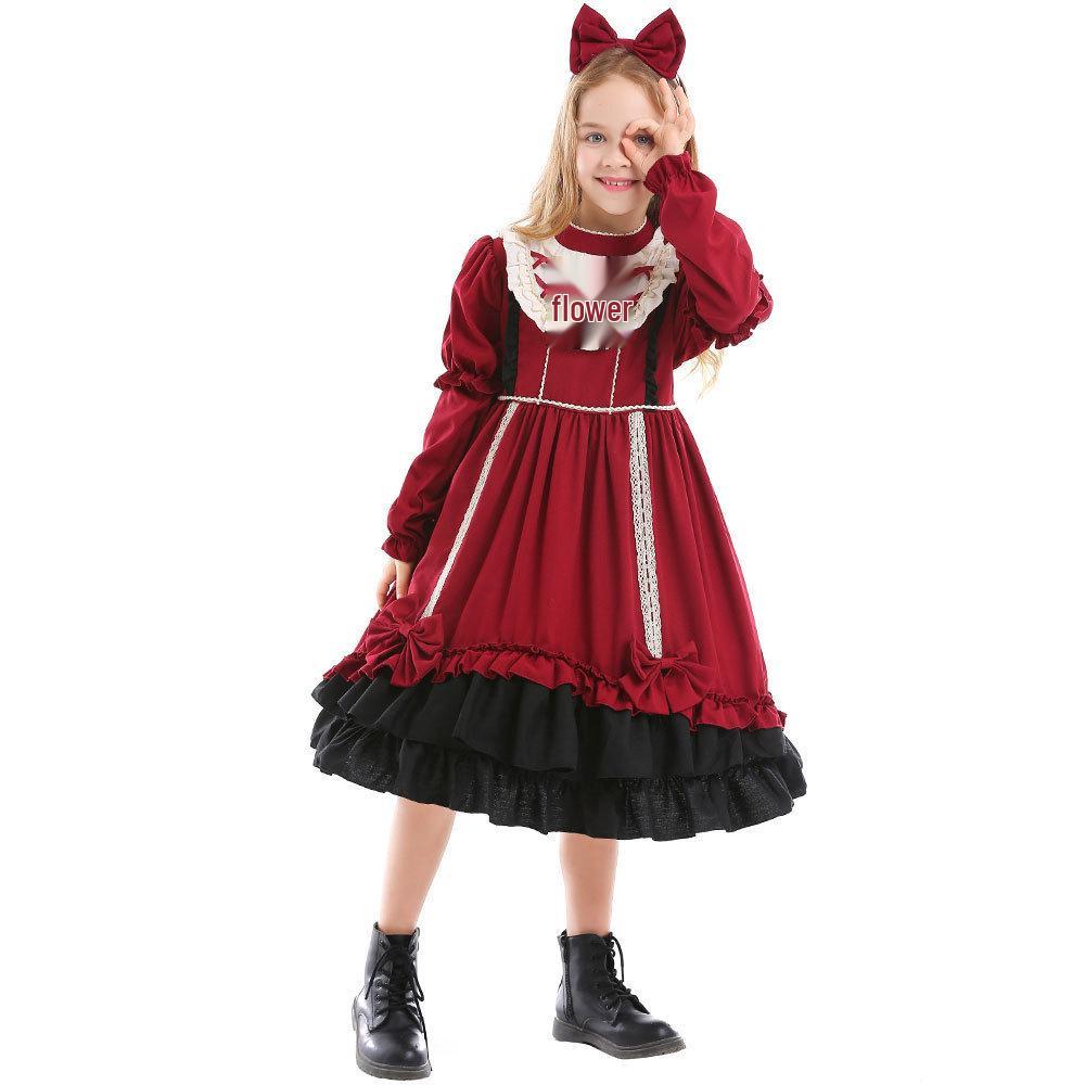 Pinse Clothing Spanish Lolita Halloween Princess Dress for Kids - Wine Red Loli Photography Costume