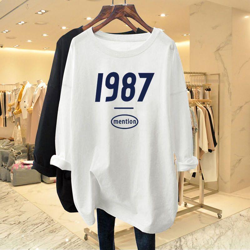 

Casual Printing Digit Mid Length Version T-shirt Women Classic Long Sleeve O-collar Cotton Fashion All-match Lady Loose Top XXXL темно-сірий колір