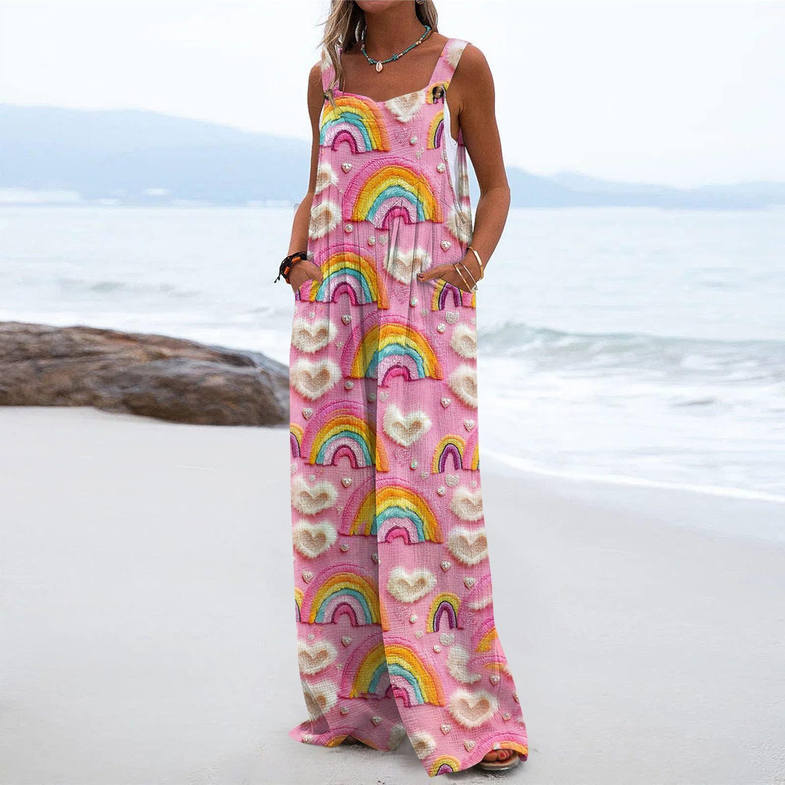 

Широкий комбинезон для женщин, повседневный свободный комбинезон без рукавов с принтом и пуговицами, длинные брюки, комбинезон с карманами XL арбуз красный