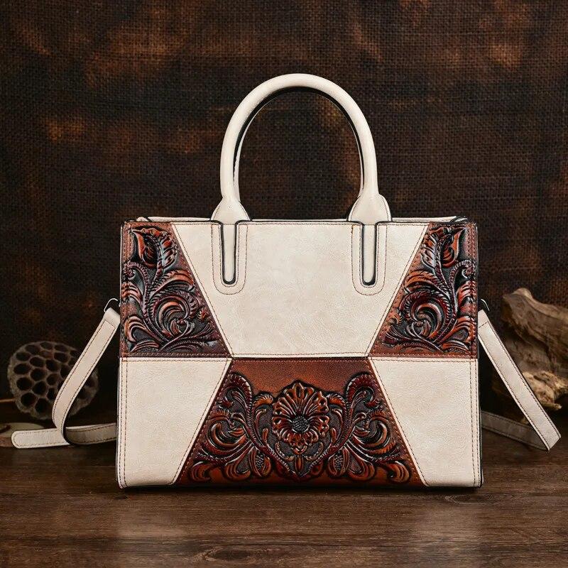 Johnature Retro Embossed Spliced Women's Leather Bag Large Capacity Versatile Shoulder Crossbody Bags