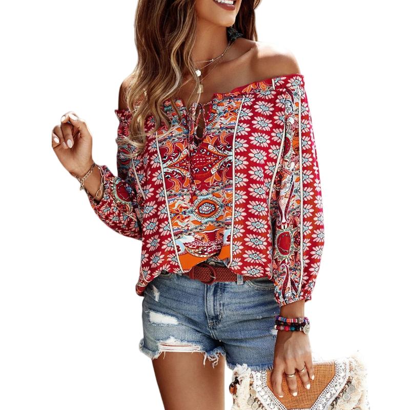 2023 Summer New Bohemian Style Floral Print Off Shoulder Long Sleeved Shirt for Women