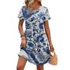 Women's Short Sleeve Floral Print Dress Casual Round Neck Waist Tie with Pockets Summer Everyday Wear