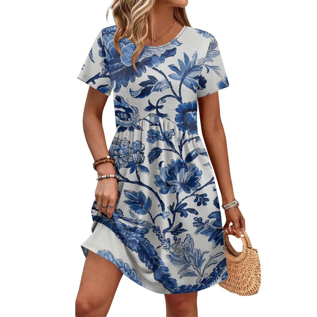 Women's Short Sleeve Floral Print Dress Casual Round Neck Waist Tie with Pockets Summer Everyday Wear