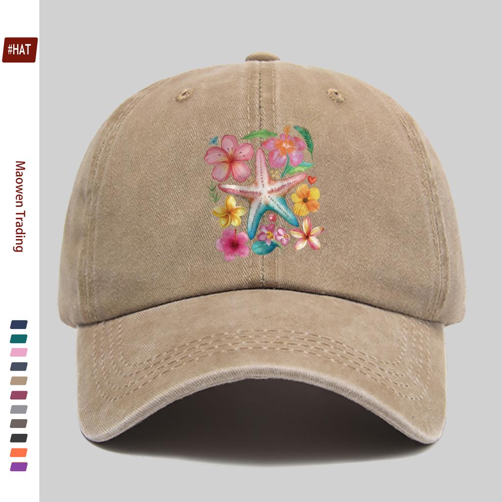 Pc Watercolor Style Baseball Cap with Starfish Flower and Leaf Pattern Print Casual Travel Decorative Design Sun Hat Comfor