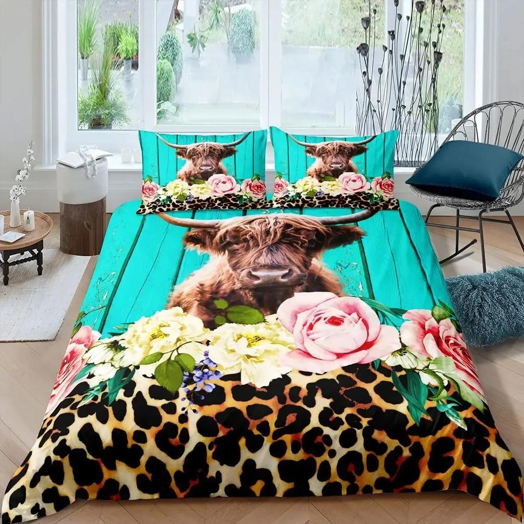 Cow Sunflower Bull Cattle Smoky Mountain Western Comfortable Duvet Cover Pillowcase Bedding Set Children Bedroom Decoration