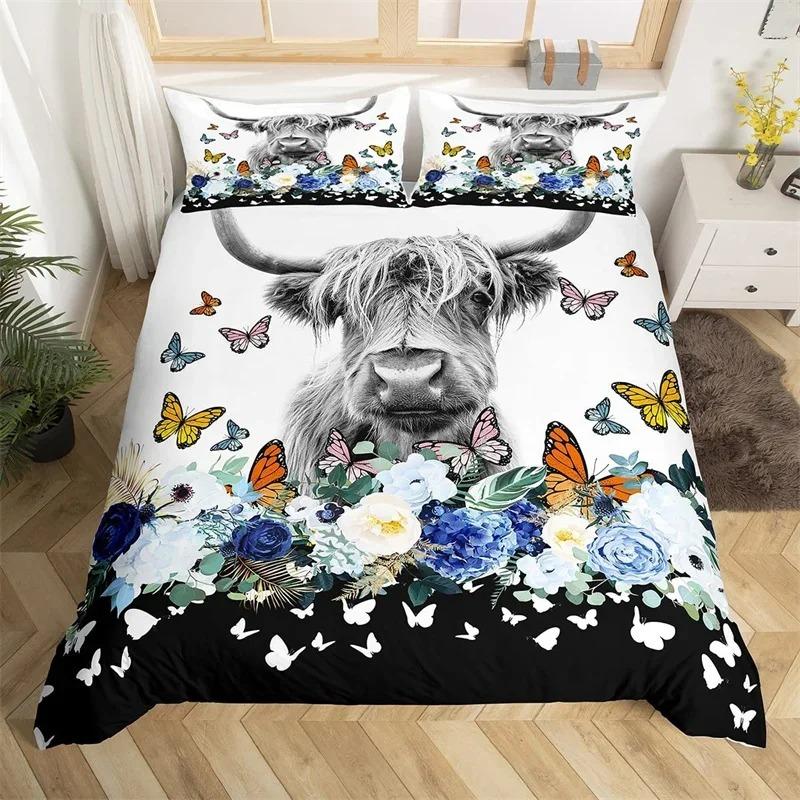 Highland Cow Duvet Cover King Queen Western Farm Animal Comforter Cover Microfiber Bull Cattle Floral Bedding Set For Kids Teen