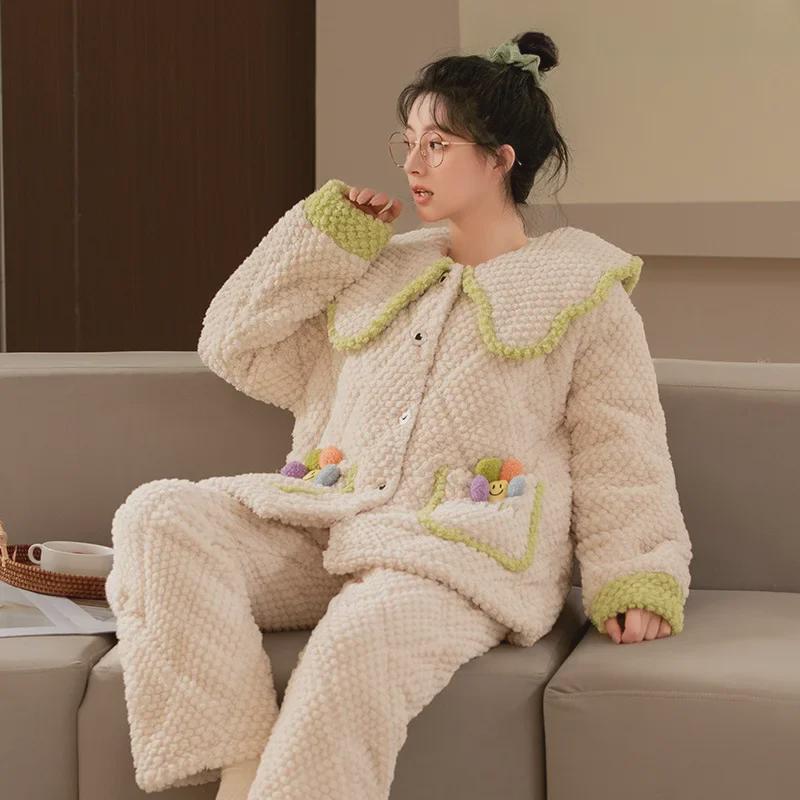 Women's Winter Pajama Set - Three-Layer Quilted, Thick Velvety Coral Fleece, Warm & Cute Bear Design