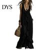 Pleated Dress Women Bohemian Long Summer Ruffle Deep V Neck Sleeveless Swing Solid Color Loose Casual Beach Vacation Maxi