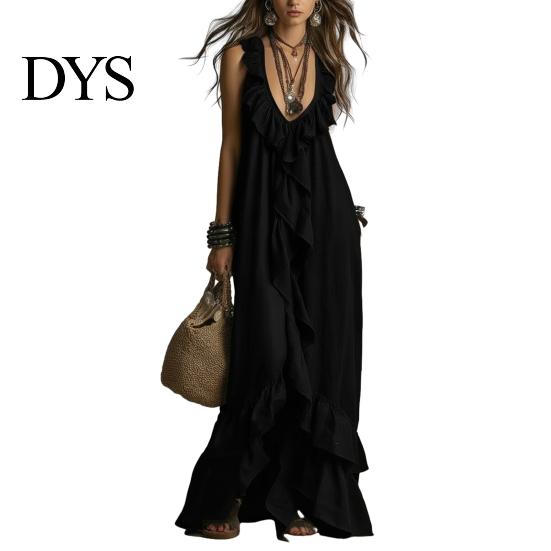 Pleated Dress Women Bohemian Long Summer Ruffle Deep V Neck Sleeveless Swing Solid Color Loose Casual Beach Vacation Maxi