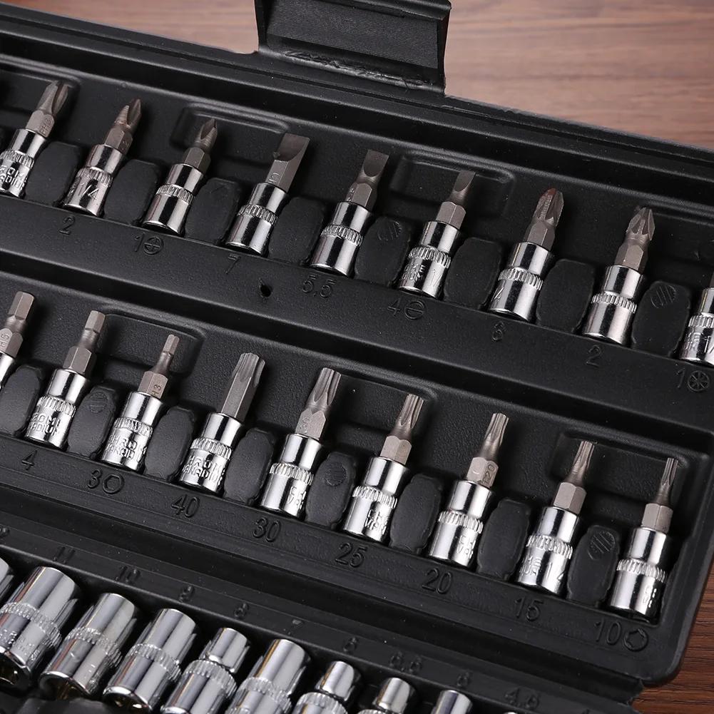 46pcs Hand Tool Set Car Repair Tool Kit 1/4-inch Socket Spanner Screwdriver Set Ratchet Torque Wrench Combo Mechanical Tools Box