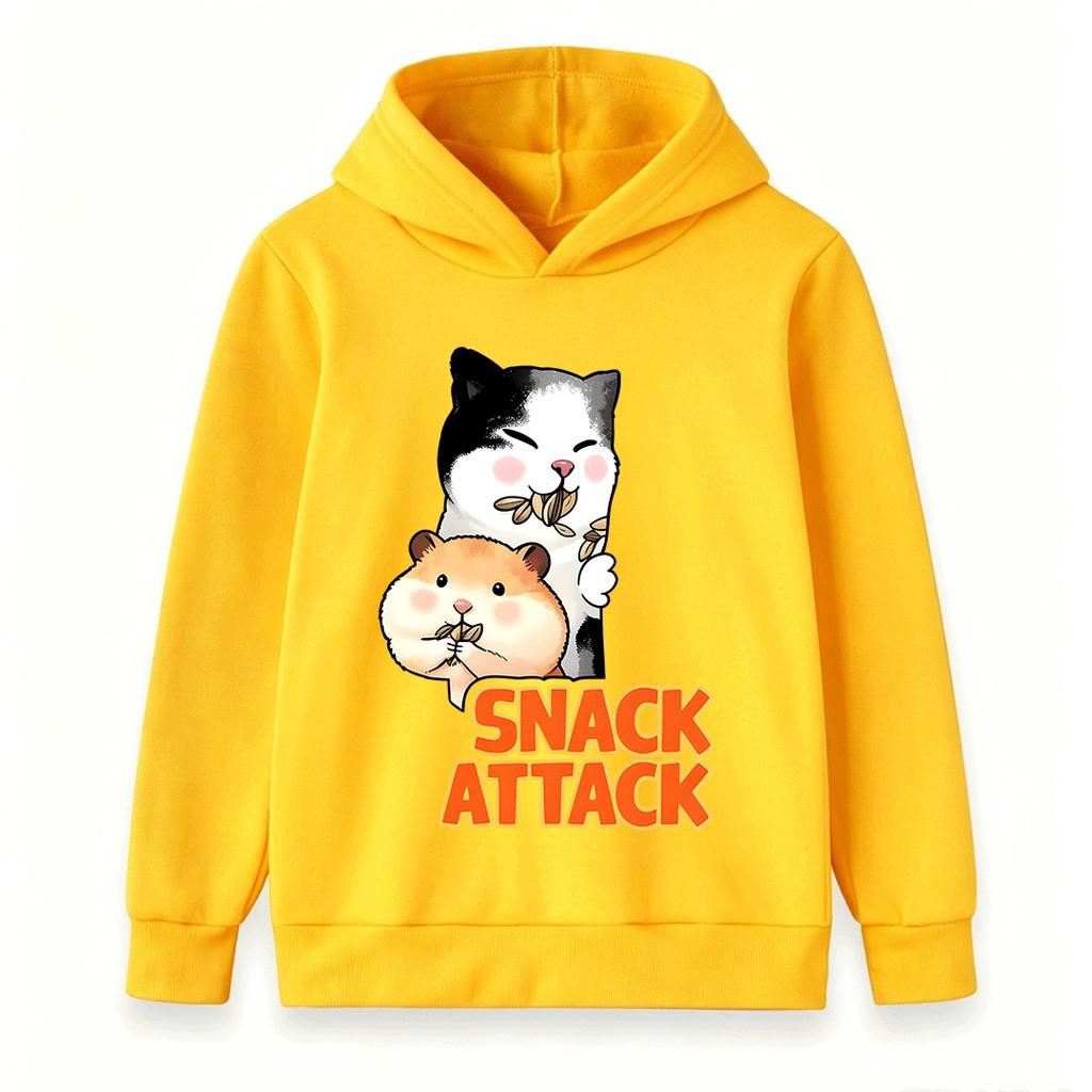 Kids Boys Girls Hoodie, Cute Cat Hamster Snack Attack Print Casual Long Sleeve Pullover Sweatshirt for Daily Wear