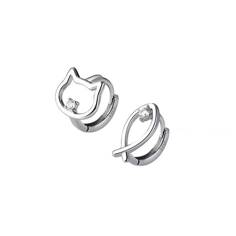925 Sterling Silver Kitten & Fish Ear Cuffs - Women's High-End Design Temperament Earrings