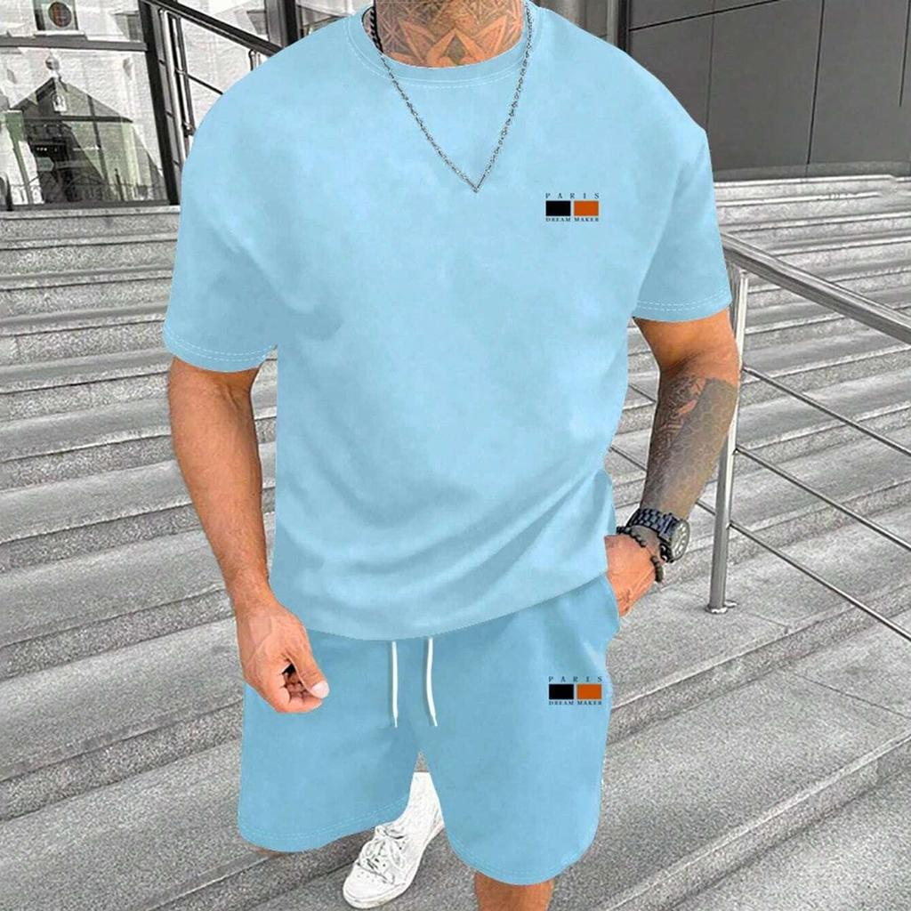 Arrival Summer Tracksuit for Men Solid Color Paris Short Sleeve T Shirt Shorts 2 Piece Set Oversize Casual Suit Male Clothes