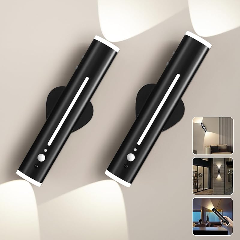 Hapfish Battery Operated Wall Sconces Decor Set of Two, Motion Sensor Rechargeable Cordless Wall Lights Indoor, Metal Magnetic Wireless Rotatable,