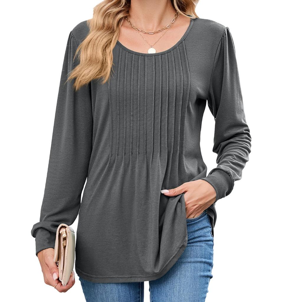 Fall Winter New Women's Solid Color Crew Neck Striped Loose Long Sleeve T-shirt Top, Leisure Leisure Foreign Trade for Europe America