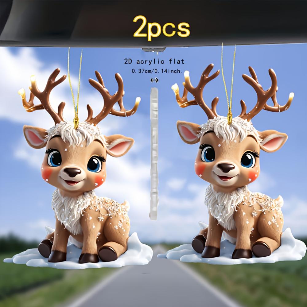 2PCS car pendant charming acrylic  2D flat reindeer baby, decorated with cars and trees, ideal holiday gift, suitable for Halloween, Christmas