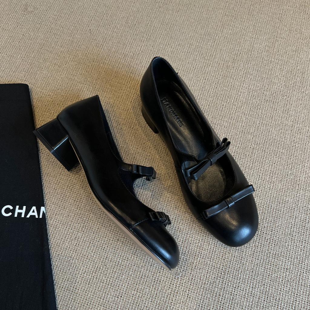 Sheepskin Temperament Double Bow Polished High Heels Retro Light Mouth Versatile Leather Shoes Mary Jane Shoes Women's Single Shoes