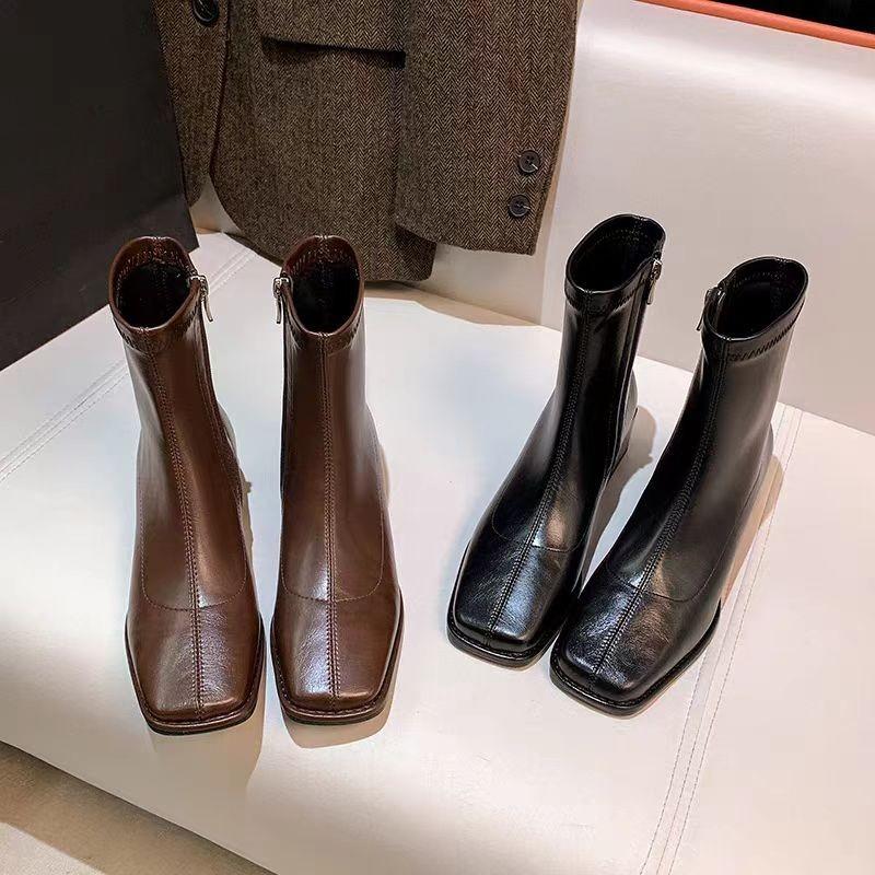 New Autumn Winter Versatile Boots Fangtou Outdoor Anti Slip Shoes Thick-heel Women's Elastic Boots Woman Shoes High Boot Botas