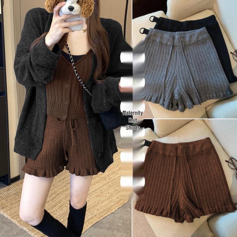 

Maternity French Style Cable Knit Casual Pants with Wood Ear Trim - Autumn/Winter Loose Fit Shorts XL