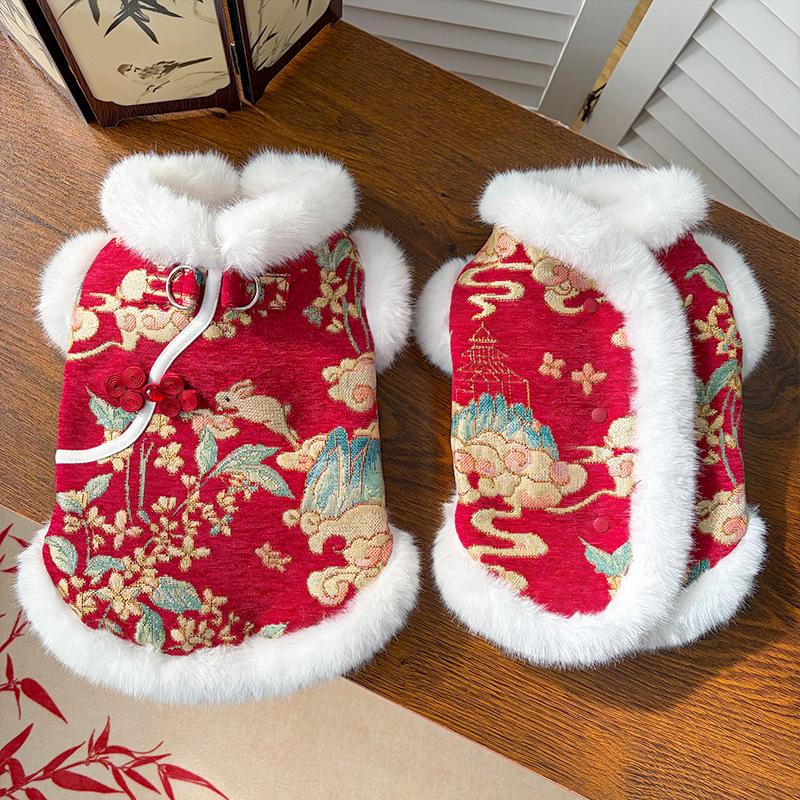 New Year and Autumn-Winter Double-Layer Thick Fleece Traditional Chinese Style Rabbit Pet Dog Cat Clothing Tang Suit