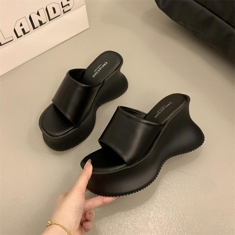 High-heeled Slippers Women's Summer Outer Wear 2025 New High-end Matching Skirt Heightened Thick-soled One-word Slippers Silver Cool Slippers