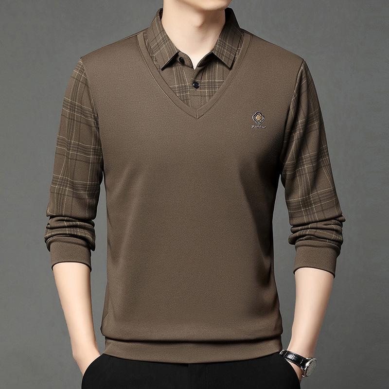 

Men s Faux Two-Piece Long-Sleeve Polo Shirt with Striped Sleeves for Business Casual in Spring and Autumn L хаки