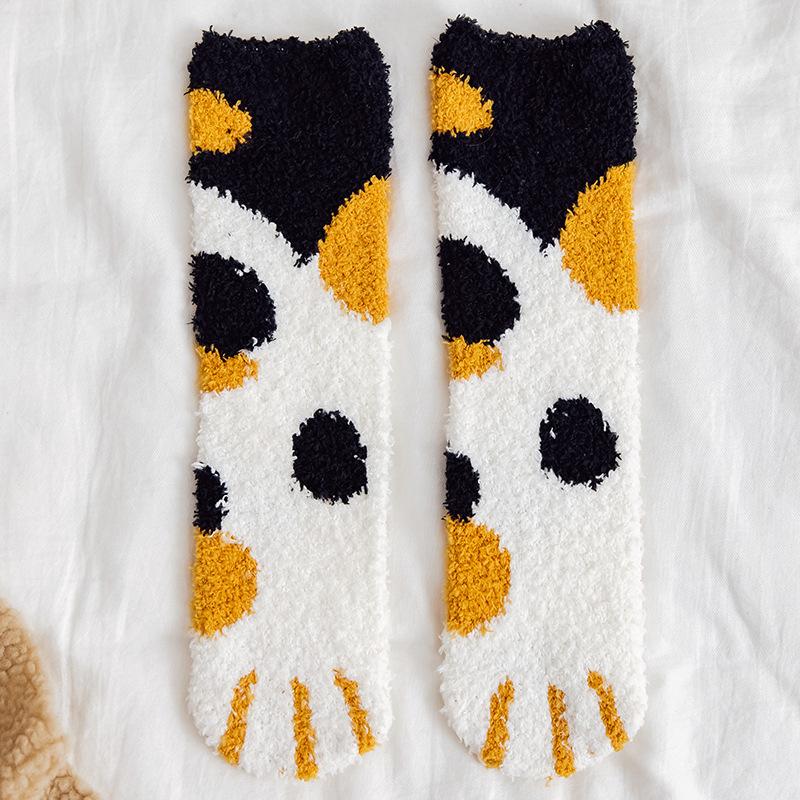 Coral Fleece Cat Paw Socks, Women's Mid-calf Sleeping Socks, Postpartum Floor Thick and Warm Socks for Autumn and Winter