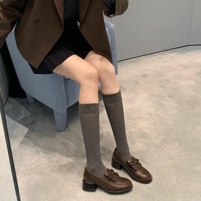 Cowhide Version ~ Yang Mi Bow Mid-thick Heel Single Shoes Women's Retro Brown Lazy Leather Shoes