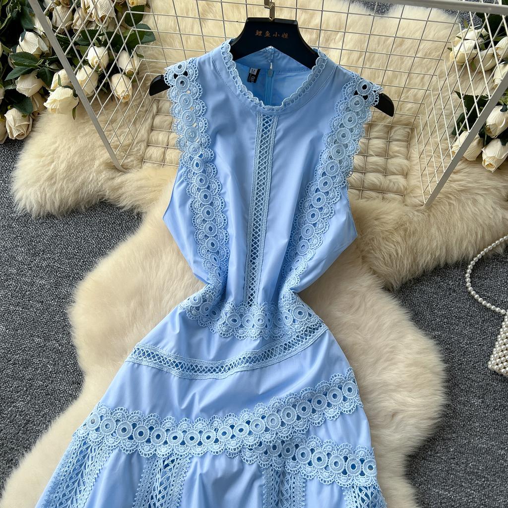 Summer Women Elegant Sleeveless Hollow Out Embroidery Lace Patchwork Long Maxi Slim Party Dresses