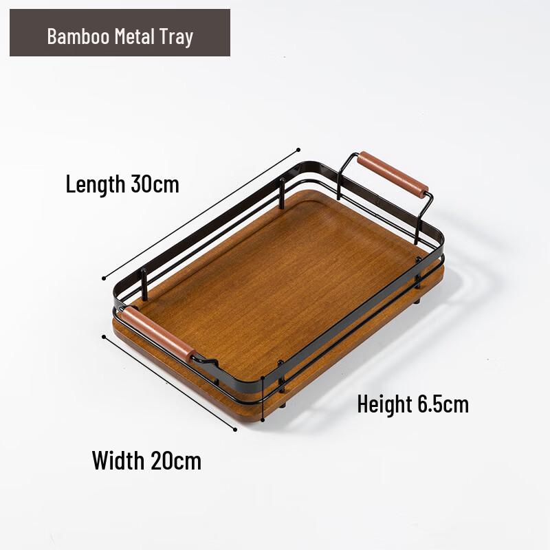 Metal Handle Bamboo Wood Serving Tray