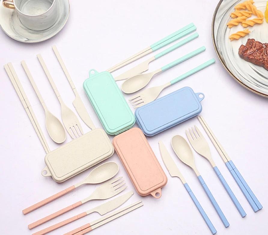 4Pcs Wheat Straw Dinnerware Set Portable Tableware Knife Fork Spoon Chopsticks Set Travel Cutlery Eco-Friendly Utensil Box
