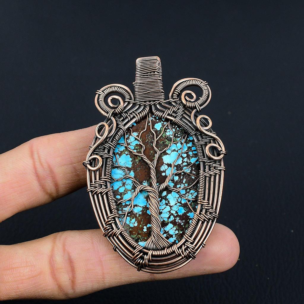 Tree Of Life Tibetan Turquoise Pendant, 999 Copper Wire Wrapped Gemstone Jewelry, Handmade Pendant, For Thanksgiving