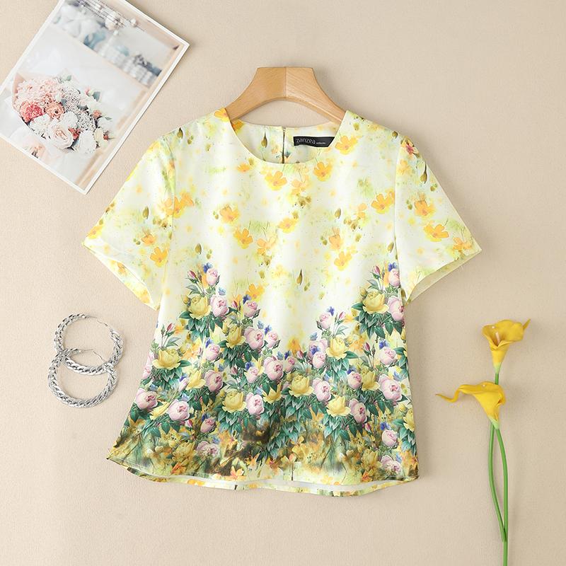 

ZANZEA Women Summer Round Neck Floral Print Short Sleeve Blouse S жовтий