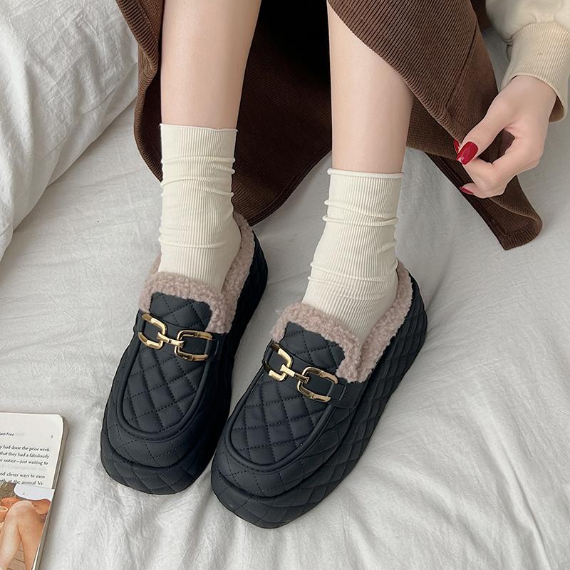 Fashion Aphixta 8cm Platform Metal Buckle Design Slippers Women Wedge Slides Women Shoes Checkered Furry Slides Slip On Winter Shoes