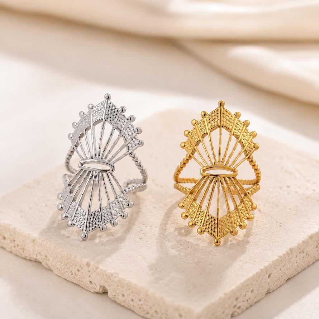 Stylish Stainless Steel Fan-Shaped Adjustable Open Ring for Couples