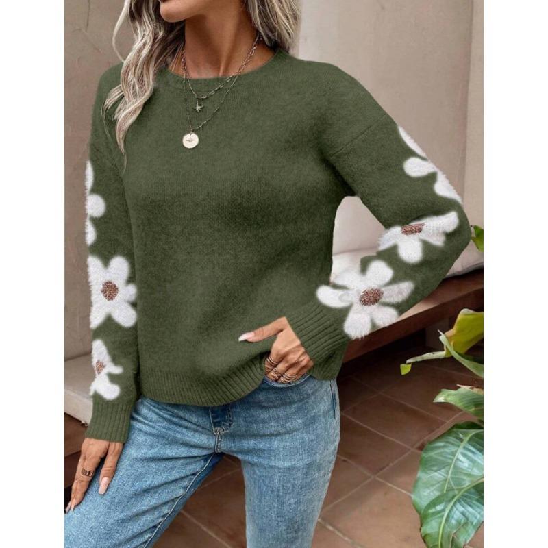 Women's Fashion Casual Fall Winter Flower Pattern Print Long Sleeve O-Neck Sweaters