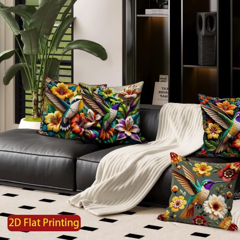 2D Vintage Hummingbird Floral Throw Pillow Covers Pattern Cushion Cover Suitable For Sofa Bedroom Car Pillow Cover